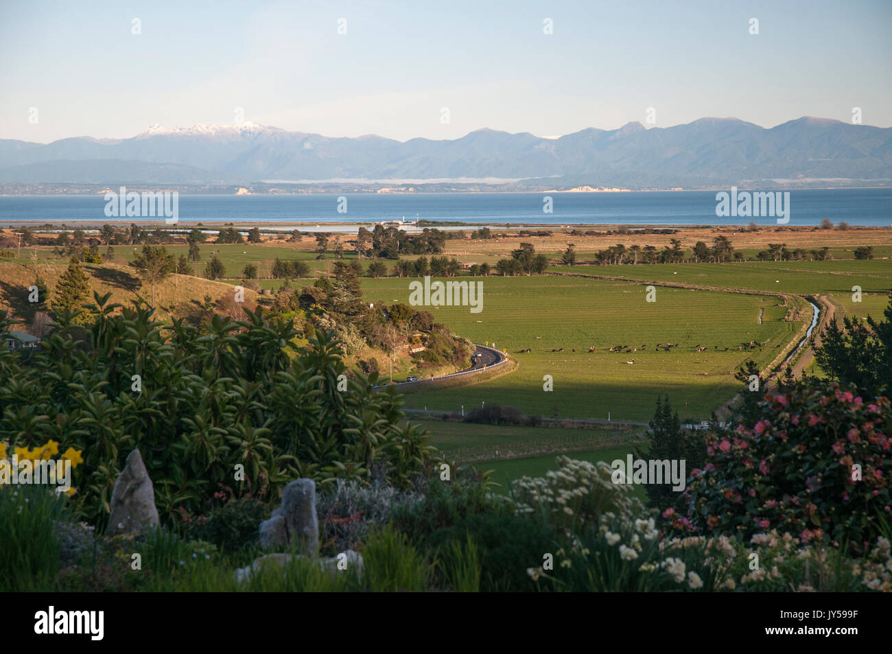 Early morning view over Tasman Bay and the western ranges, from a homestead at Glenduan, outside Nelson, New Zealand Stock Photo