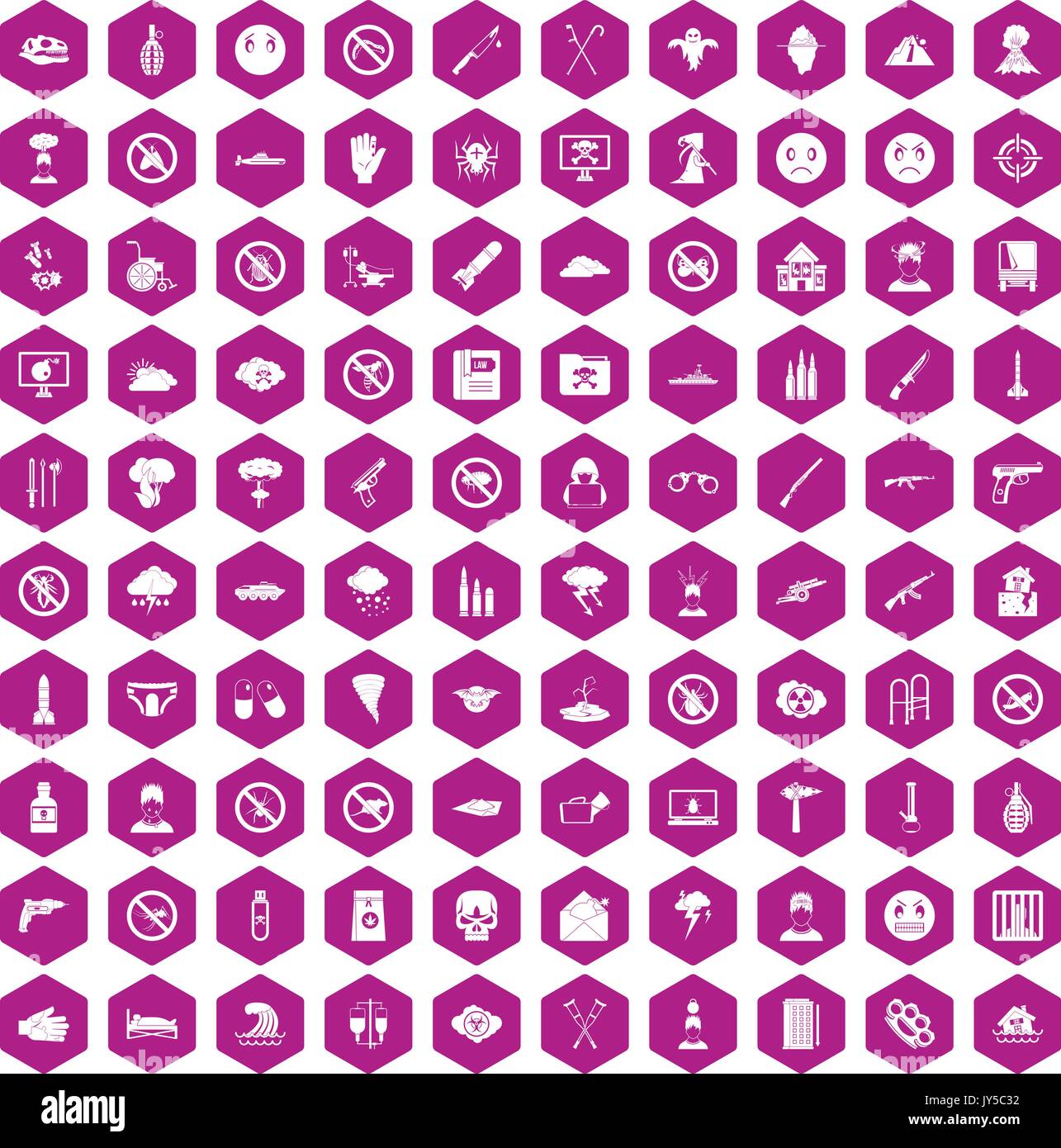 100 tension icons hexagon violet Stock Vector
