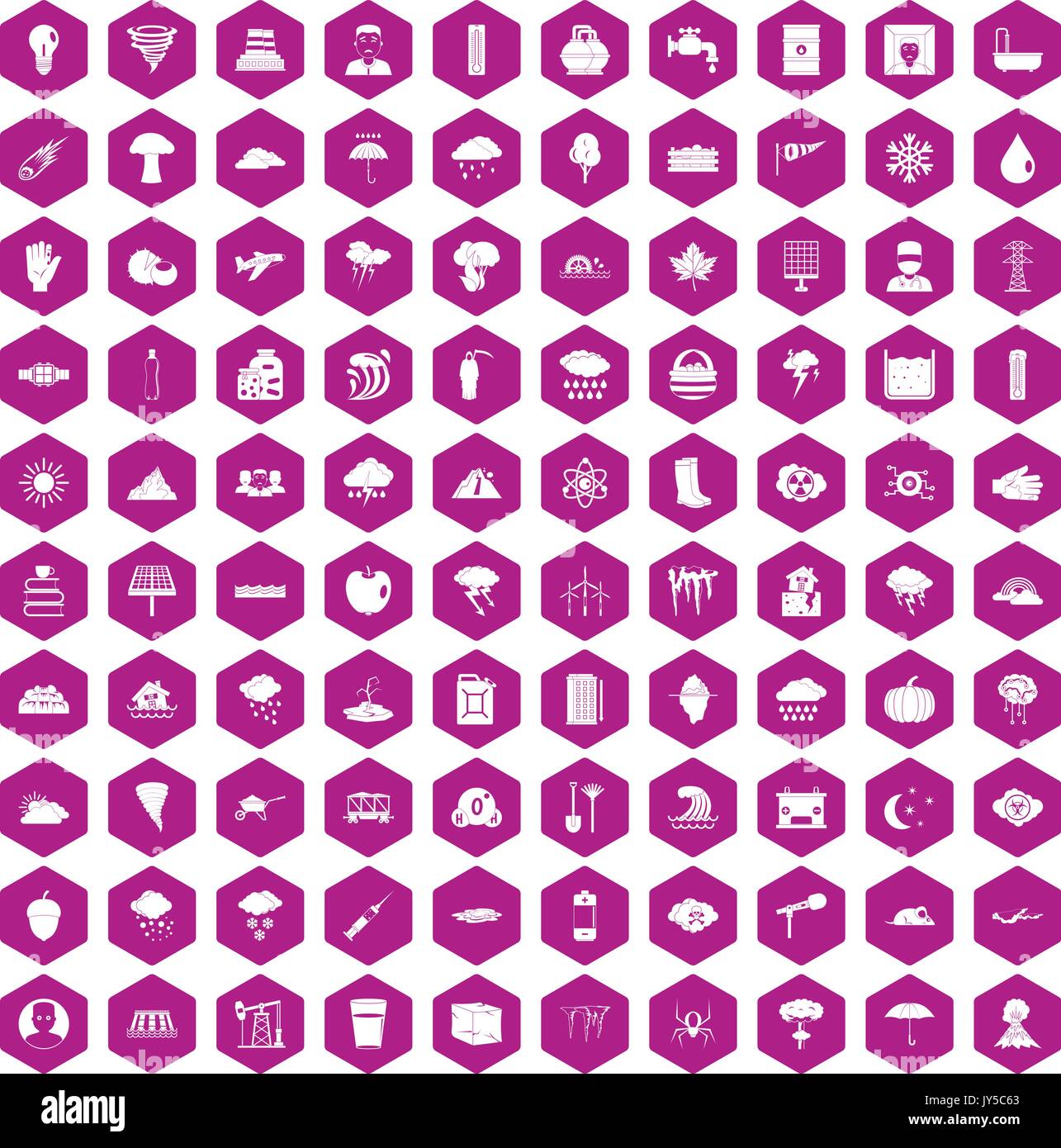 100 thunderstorm icons hexagon violet Stock Vector