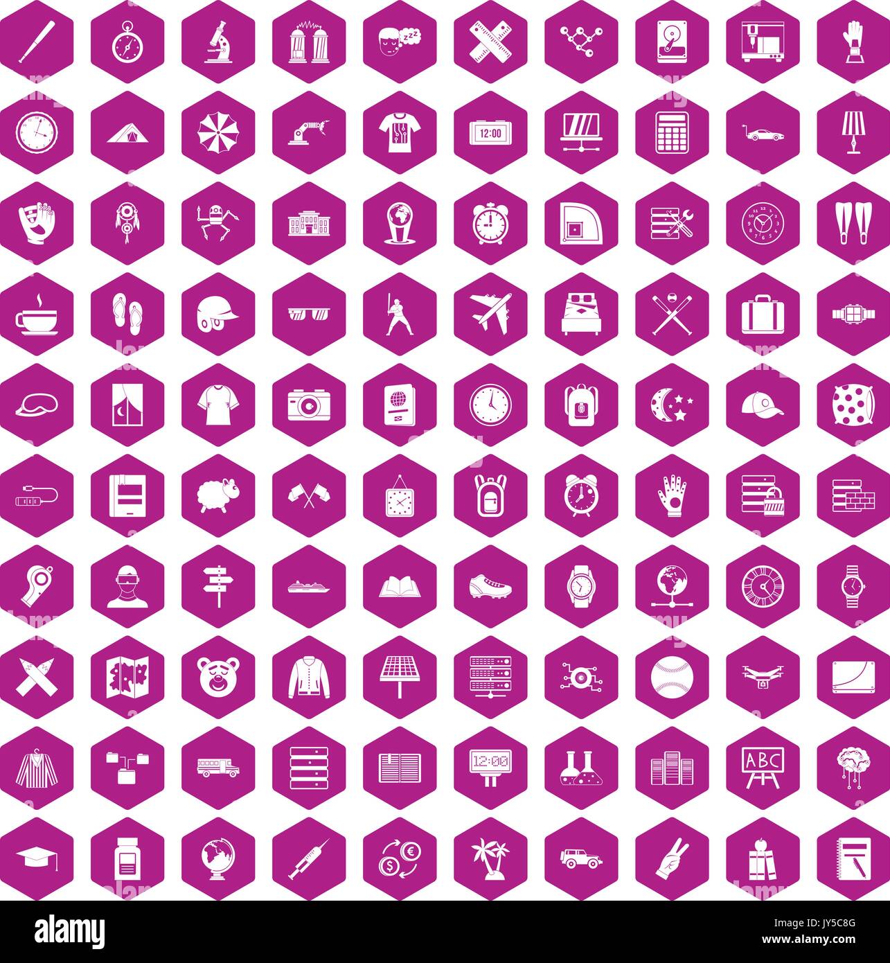 100 time icons hexagon violet Stock Vector