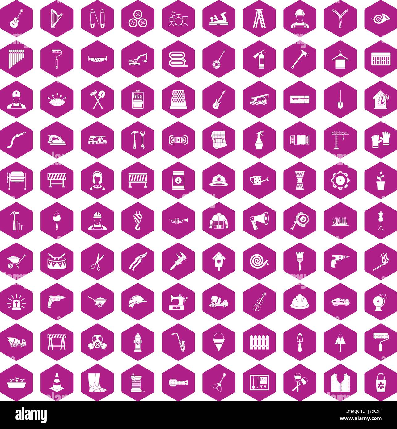 100 tools icons hexagon violet Stock Vector