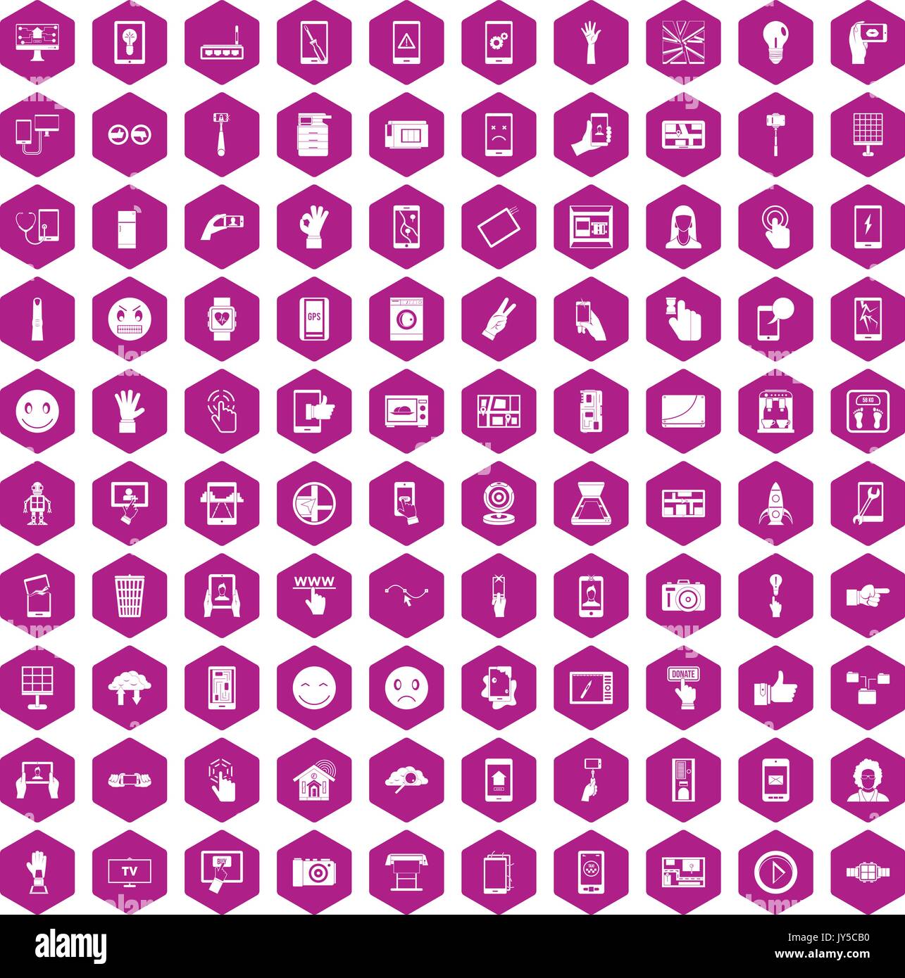 100 touch screen icons hexagon violet Stock Vector