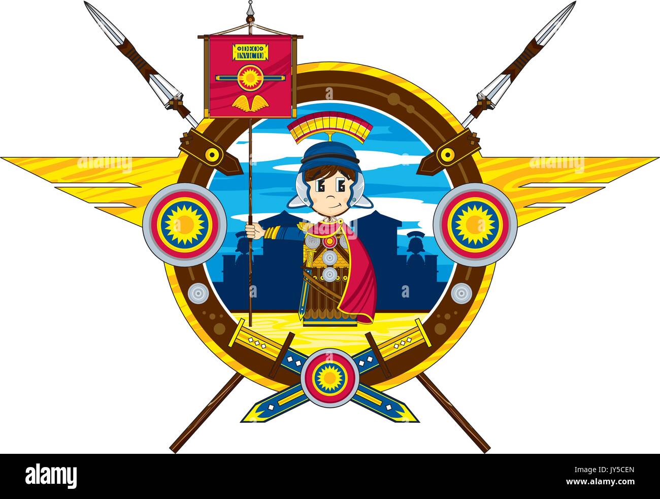 Cute Cartoon Ancient Roman Centurion Soldier with Banner Flag Vector