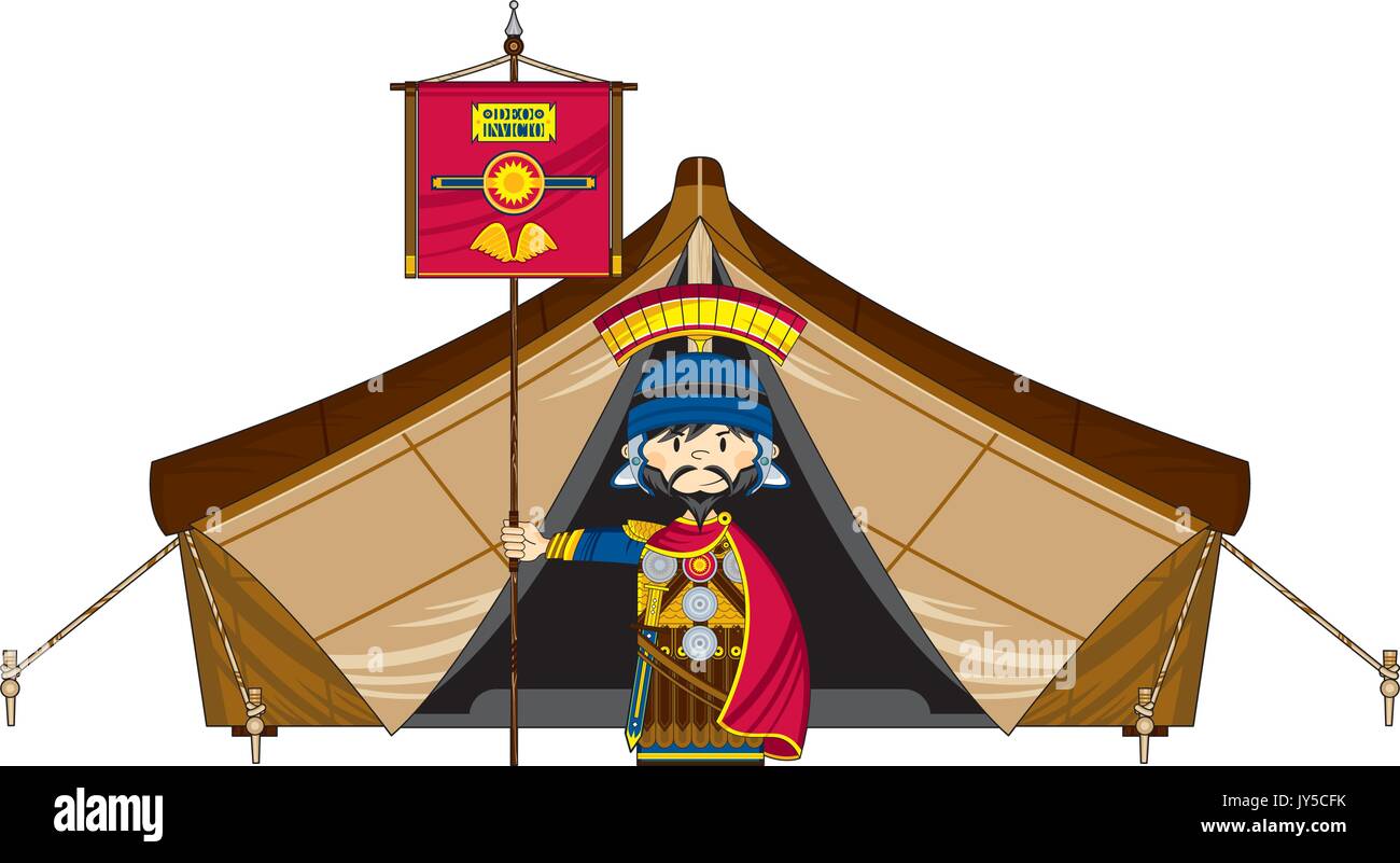 Cute Cartoon Ancient Roman Centurion Soldier At Tent With Banner
