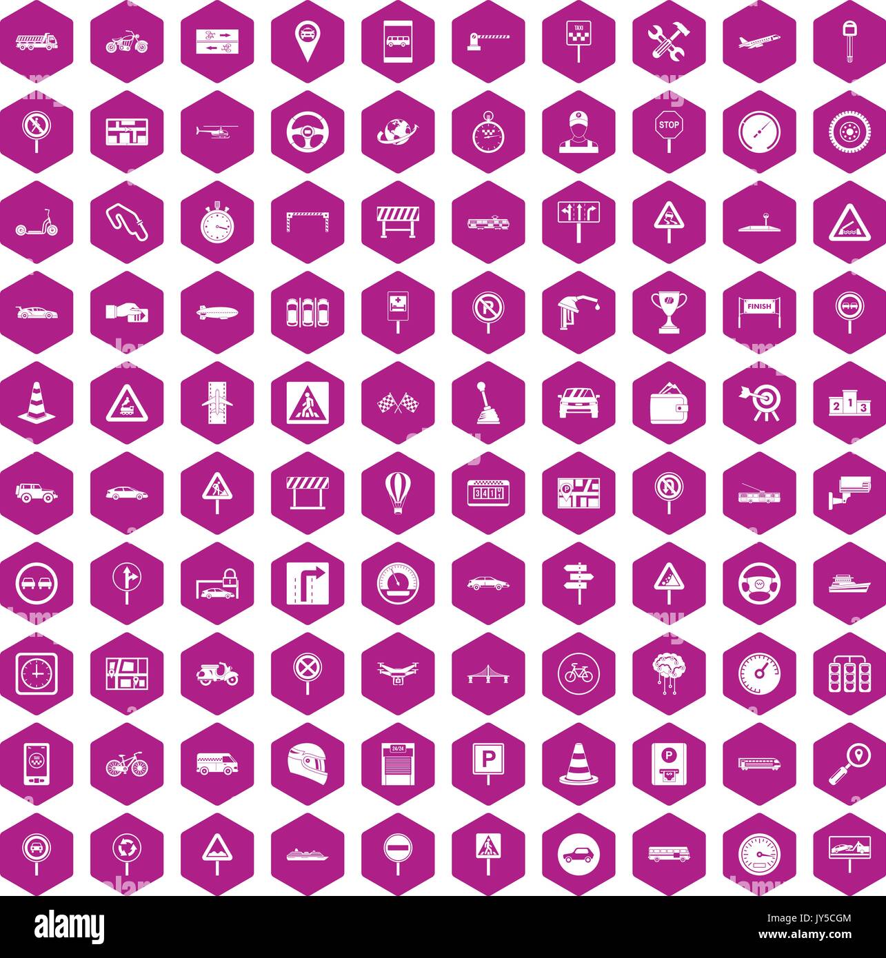 100 traffic icons hexagon violet Stock Vector