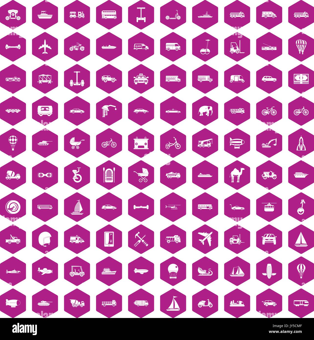 100 transport icons hexagon violet Stock Vector