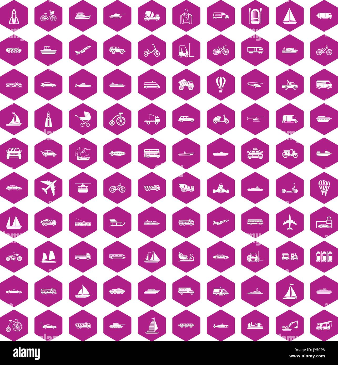 100 transportation icons hexagon violet Stock Vector