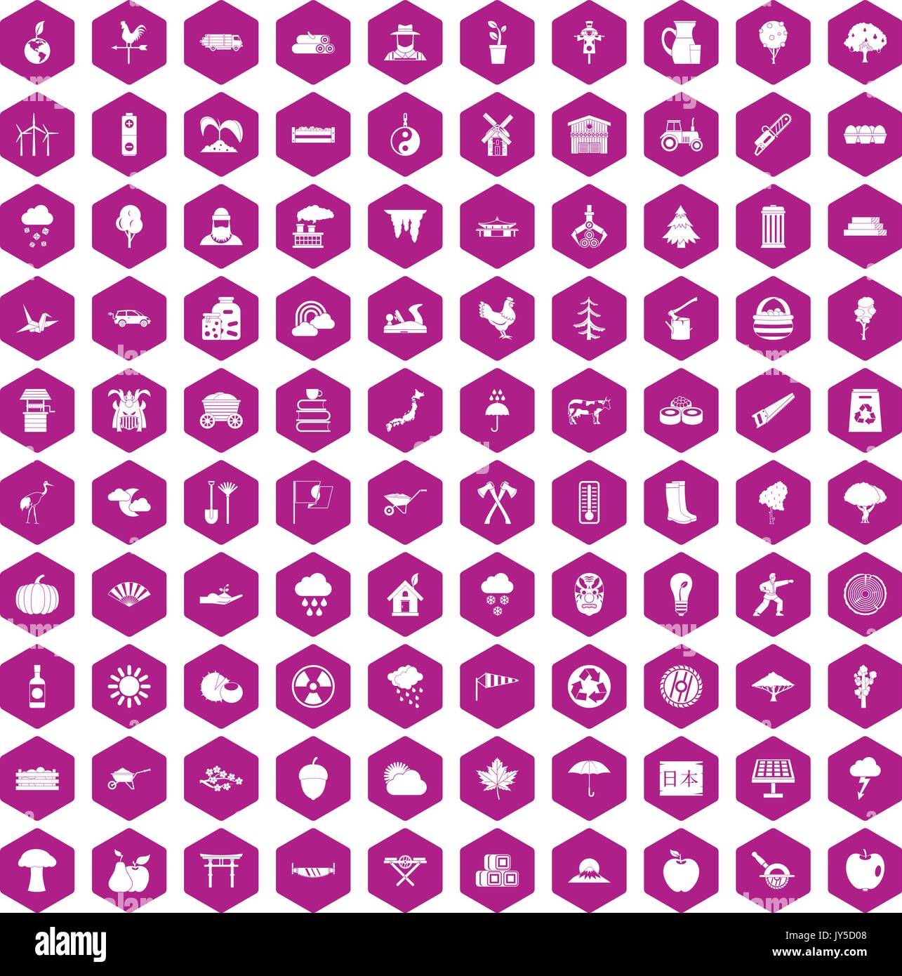100 tree icons hexagon violet Stock Vector