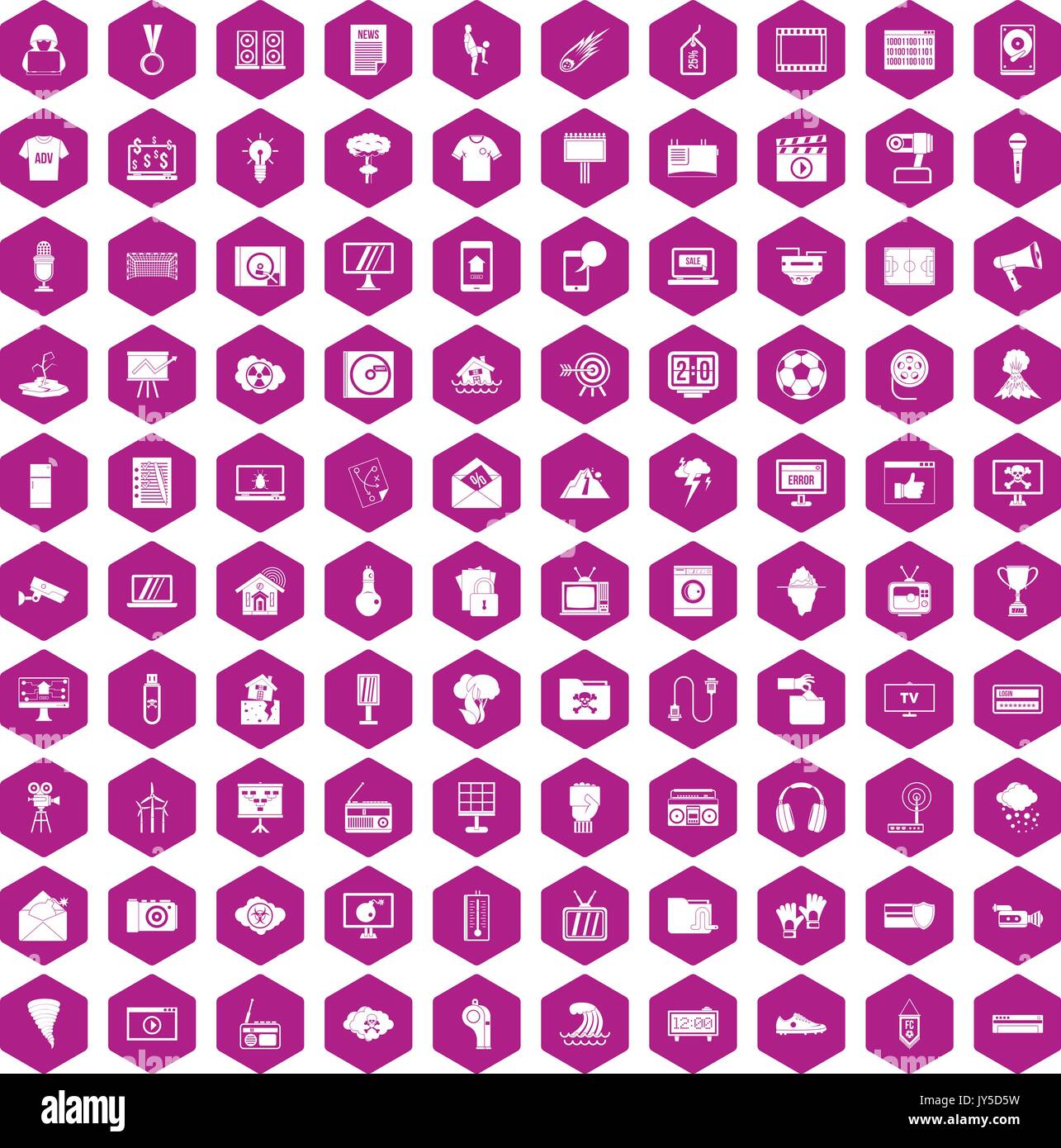 100 TV icons hexagon violet Stock Vector