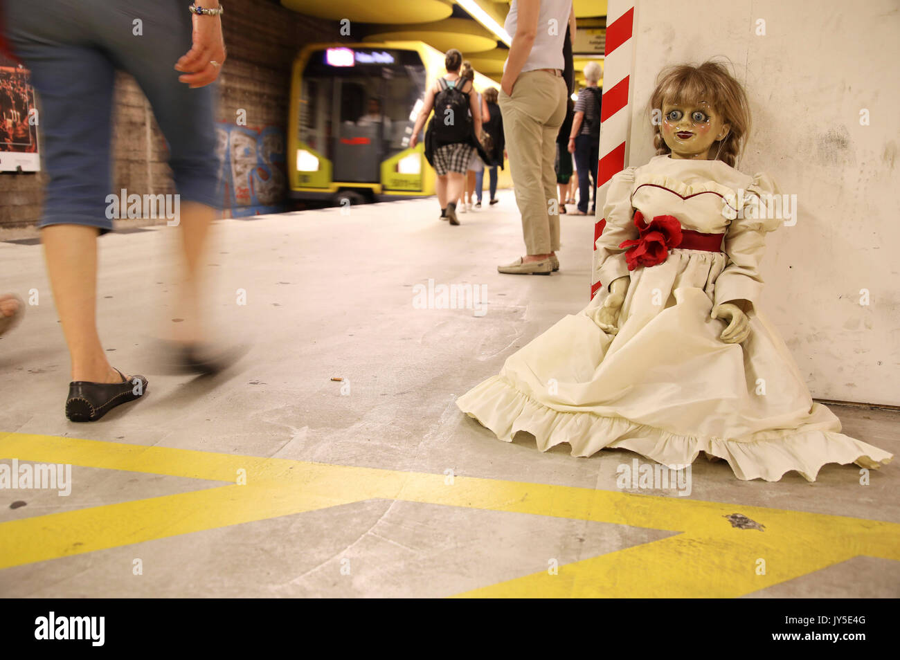 The doll from the film 'Annabelle: Creation' during a photocall at U-Bahnhof Rathaus Steglitz on August 17, 2017 in Berlin, Germany. Stock Photo