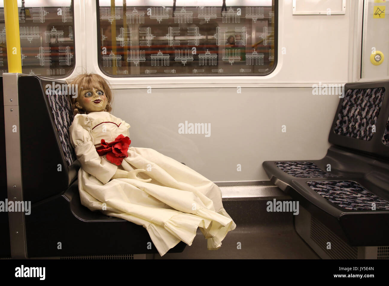 The doll from the film 'Annabelle: Creation' during a photocall at U-Bahnhof Rathaus Steglitz on August 17, 2017 in Berlin, Germany. Stock Photo