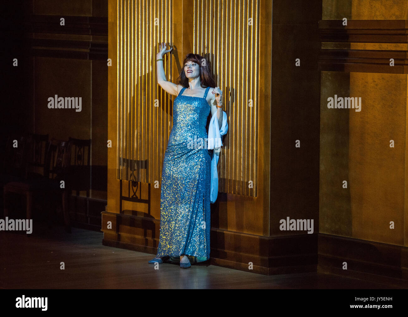 ATTENTION: EMBARGOED FOR PUBLICATION UNTIL 18 AUGUST 20:00 GMT! ACHTUNG: SPERRFRIST 18.08.2017 20 UHR - Canadian soprano and director Barbara Hannigan as Mélisande rehearsing during the general rehearsal of the Claude Debussy opera Pelléas et Mélisande at the Jahrhunderthalle in Bochum, Germany, 15 August 2017. More than 41 theater, music, dance and art productions, among them several premieres, are taking place amidst former coal-fired power stations, stockpiles and steelworks between Dortmund and Dinslaken as part of the Ruhrtriennale 2017 - running until 30 September. (ATTENTION EDITORS: Stock Photo