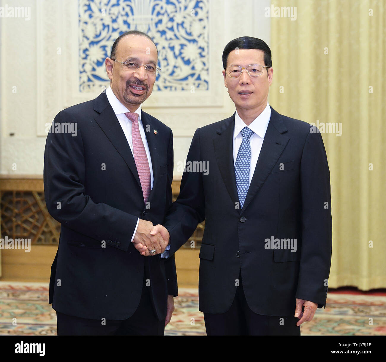 Beijing, China. 18th Aug, 2017. Chinese Vice Premier Zhang Gaoli (R) meets with Saudi Arabian Minister of Energy, Industry and Mineral Resources Khalid al-Falih in Beijing, capital of China, Aug. 18, 2017. Credit: Wang Ye/Xinhua/Alamy Live News Stock Photo