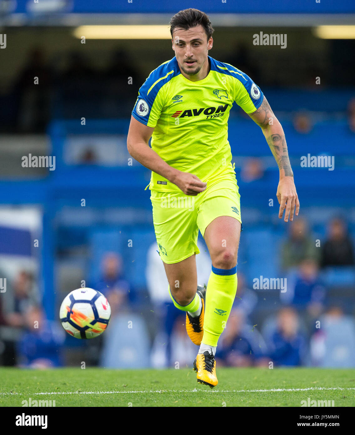 London, UK. 18th Aug, 2017.  George THORNE of Derby County returns after a long injury lay off during the U23 Premier League 2 match between Chelsea and Derby County at Stamford Bridge, London, England on 18 August 2017. Photo by Andy Rowland. **EDITORIAL USE ONLY FA Premier League and Football League are subject to DataCo Licence. Credit: Andrew Rowland/Alamy Live News Credit: Andrew Rowland/Alamy Live News Stock Photo