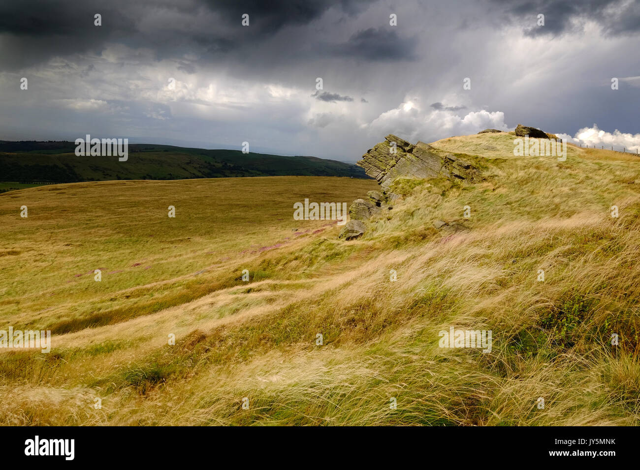 thunderstorms and sunny intervals sweeping across Cats Tor in the Goyt Valley area of the Peak District near  Buxton. Stock Photo