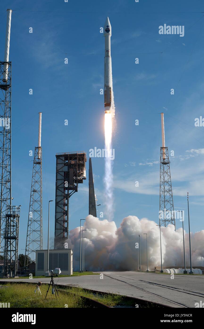 Cape Canaveral, Florida, USA. 18th August, 2017. The United Launch Alliance Atlas V rocket lifts off from Space Launch Complex 41 at Cape Canaveral Air Force Station August 18, 2017 in Cape Canaveral, Florida. The commercial rocket is carrying NASA's Tracking and Data Relay Satellite, TDRS-M to orbit. Credit: Planetpix/Alamy Live News Stock Photo