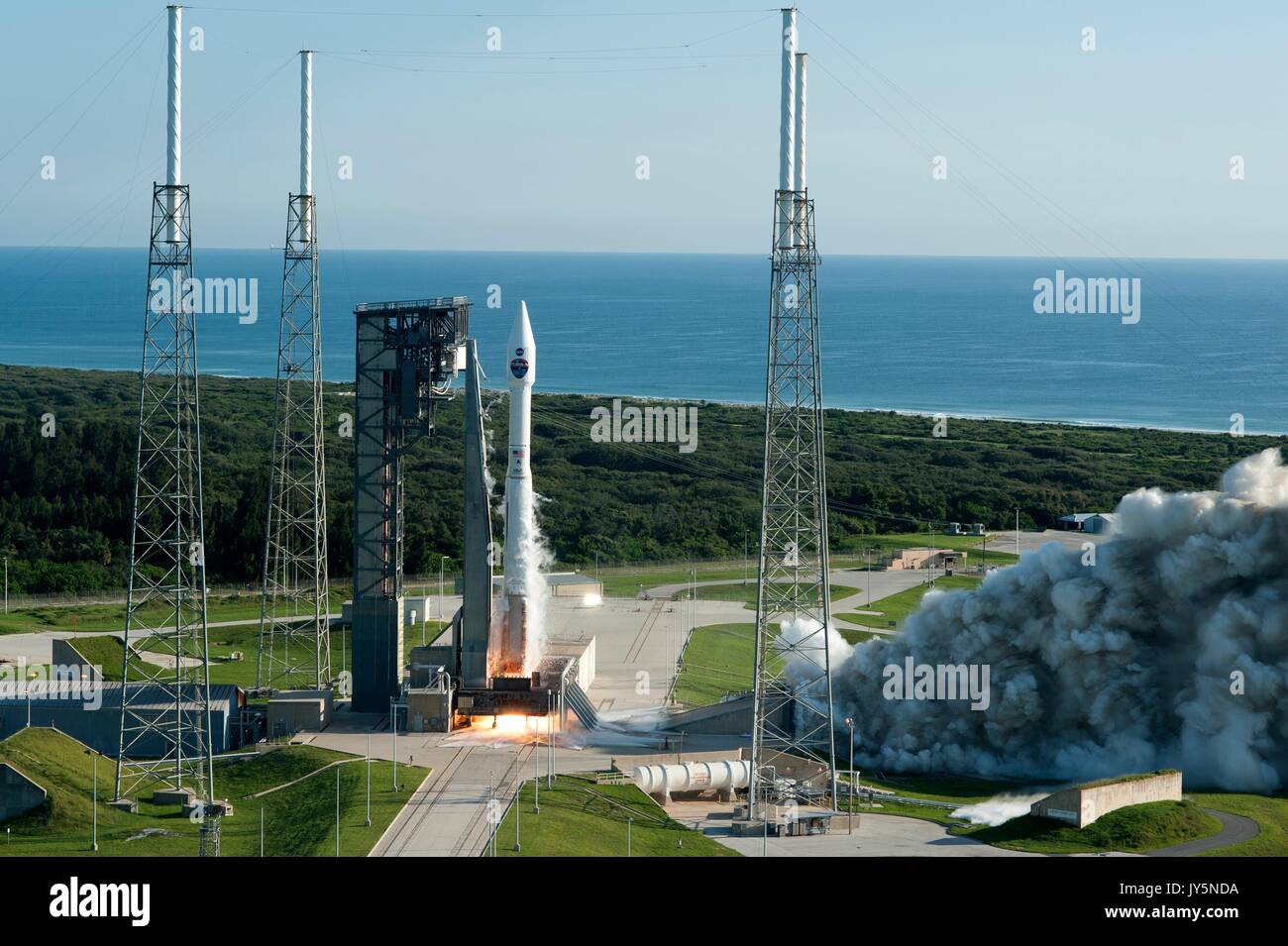 Cape Canaveral, Florida, USA. 18th August, 2017. The United Launch Alliance Atlas V rocket lifts off from Space Launch Complex 41 at Cape Canaveral Air Force Station August 18, 2017 in Cape Canaveral, Florida. The commercial rocket is carrying NASA's Tracking and Data Relay Satellite, TDRS-M to orbit. Credit: Planetpix/Alamy Live News Stock Photo