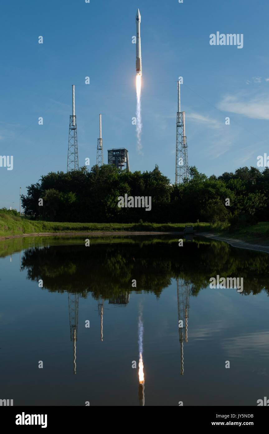 Cape Canaveral, Florida, USA. 18th August, 2017. The United Launch Alliance Atlas V rocket lifts off from Space Launch Complex 41 at Cape Canaveral Air Force Station August 18, 2017 in Cape Canaveral, Florida. The commercial rocket is carrying NASA's Tracking and Data Relay Satellite, TDRS-M to orbit. Credit: Planetpix/Alamy Live News Stock Photo