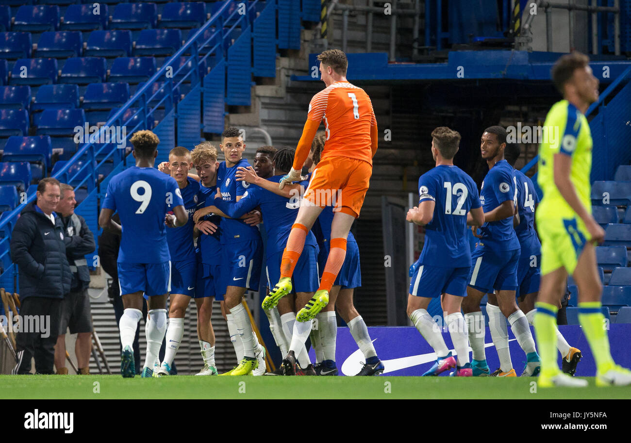 London, UK. 18th Aug, 2017.  London, UK. 18th Aug, 2017. Celebrations after Luke McCORMICK of Chelsea scores his goal to make it 2 0 with even Goalkeeper Marcin BULKA of Chelsea running the length of the pitch to join in during the U23 Premier League 2 match between Chelsea and Derby County at Stamford Bridge, London, England on 18 August 2017. Photo by Andy Rowland. **EDITORIAL USE ONLY FA Premier League and Football League are subject to DataCo Licence. Credit: Andrew Rowland/Alamy Live News Credit: Andrew Rowland/Alamy Live News Stock Photo