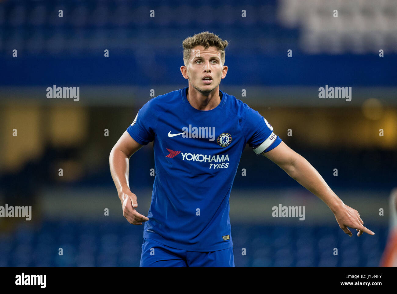 London, UK. 18th Aug, 2017.  London, UK. 18th Aug, 2017. Jordan HOUGHTON of Chelsea wears the captains armband as he comes on off the bench in his comeback from injury during the U23 Premier League 2 match between Chelsea and Derby County at Stamford Bridge, London, England on 18 August 2017. Photo by Andy Rowland. **EDITORIAL USE ONLY FA Premier League and Football League are subject to DataCo Licence. Credit: Andrew Rowland/Alamy Live News Credit: Andrew Rowland/Alamy Live News Stock Photo