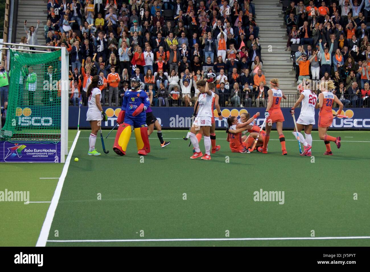 Amsterdam, Netherlands. 18th Aug, 2017. Players of the Netherlands celebrate after scoring during the women's Rabo Eurohockey Championships match between Spain and the Netherlands in Amsterdam, the Netherlands, Aug. 18, 2017. Credit: Sylvia Lederer/Xinhua/Alamy Live News Stock Photo