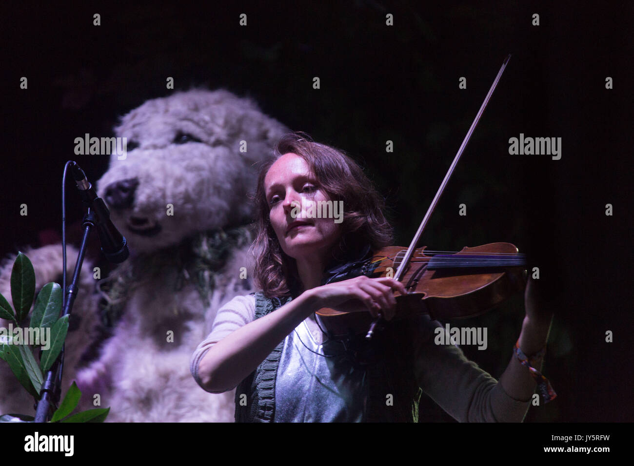 Abi Fry of BRITISH SEA POWER plays on the Mountain Stage with their usual flair for unusual stage invasions. Day One of the Green Man music festival in Glanusk Park, Brecon Beacons Mountains, Wales, UK on 18 August 2017. Photo: Rob Watkins.   INFO: British Sea Power, an English indie rock band, captivate audiences with their eclectic sound and energetic live performances. Albums like 'The Decline of British Sea Power' and 'Do You Like Rock Music?' showcase their melodic hooks and imaginative lyrics. On 9 August 2021 the band changed their name to SEA POWER. Stock Photo