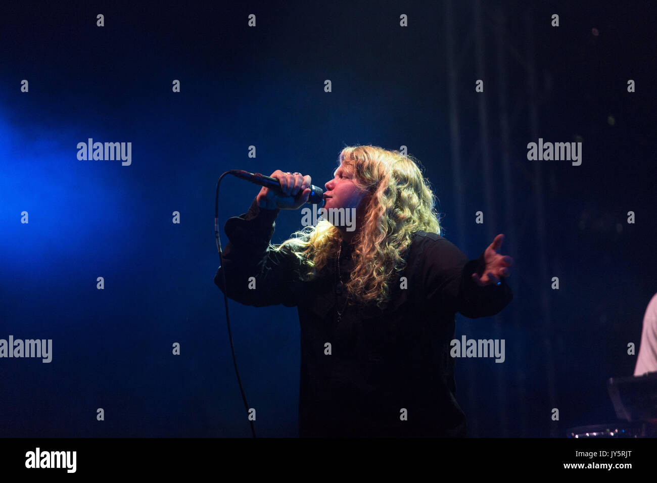 KATE TEMPEST, YOUNG, CONCERT, 2017: The artist now known as Kae Tempest plays on the Far Out Stage on Day One of the Green Man music festival in Glanusk Park, Brecon, Wales, UK on 18th August 2017. Credit: Rob Watkins/Alamy Live News.  INFO: Kae Tempest, a British spoken word artist and rapper, captivates audiences with their powerful storytelling and lyrical prowess. Their albums like 'Everybody Down' and 'The Book of Traps and Lessons' showcase their ability to blend poetry, hip-hop, and social commentary, earning critical acclaim and a devoted following. Stock Photo