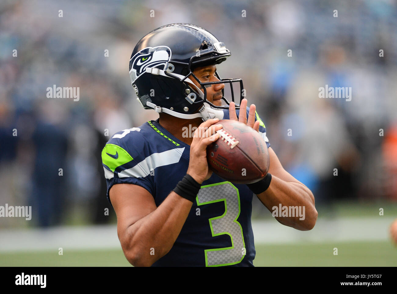 August 18, 2017: Seattle quarterback Russell Wilson (3) during warmups before an NFL pre-season game between the Seattle Seahawks and the Minnesota Vikings. The game was played at Century Link Field in Seattle, WA. © Jeff Halstead/CSM Stock Photo