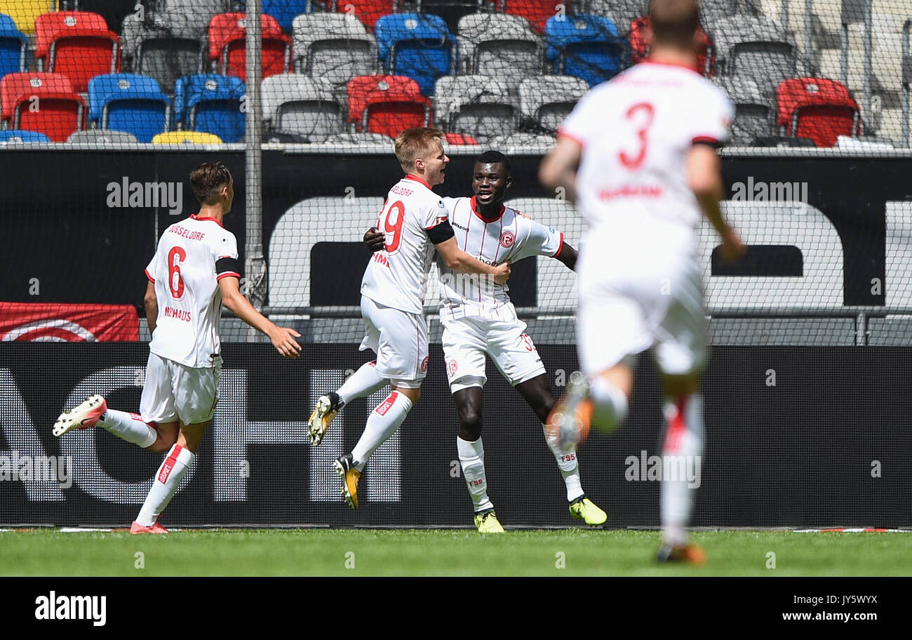 Duesseldorf, Germany. 19th Aug, 2017. Duesseldorf's Florian Neuhaus (L-R), Jean Zimmer, Ihlas Bebou, André Hoffmann celebreate Bebous 1-0 goal during the German Second Bundesliga soccer match between Fortuna Duesseldorf and 1. FC Kaiserslautern in the Esprit Arena in Duesseldorf, Germany, 19 August 2017. (EMBARGO CONDITIONS - ATTENTION: Due to the accreditation guidelines, the DFL only permits the publication and utilisation of up to 15 pictures per match on the internet and in online media during the match.) Photo: Jonas Güttler/dpa/Alamy Live News Stock Photo