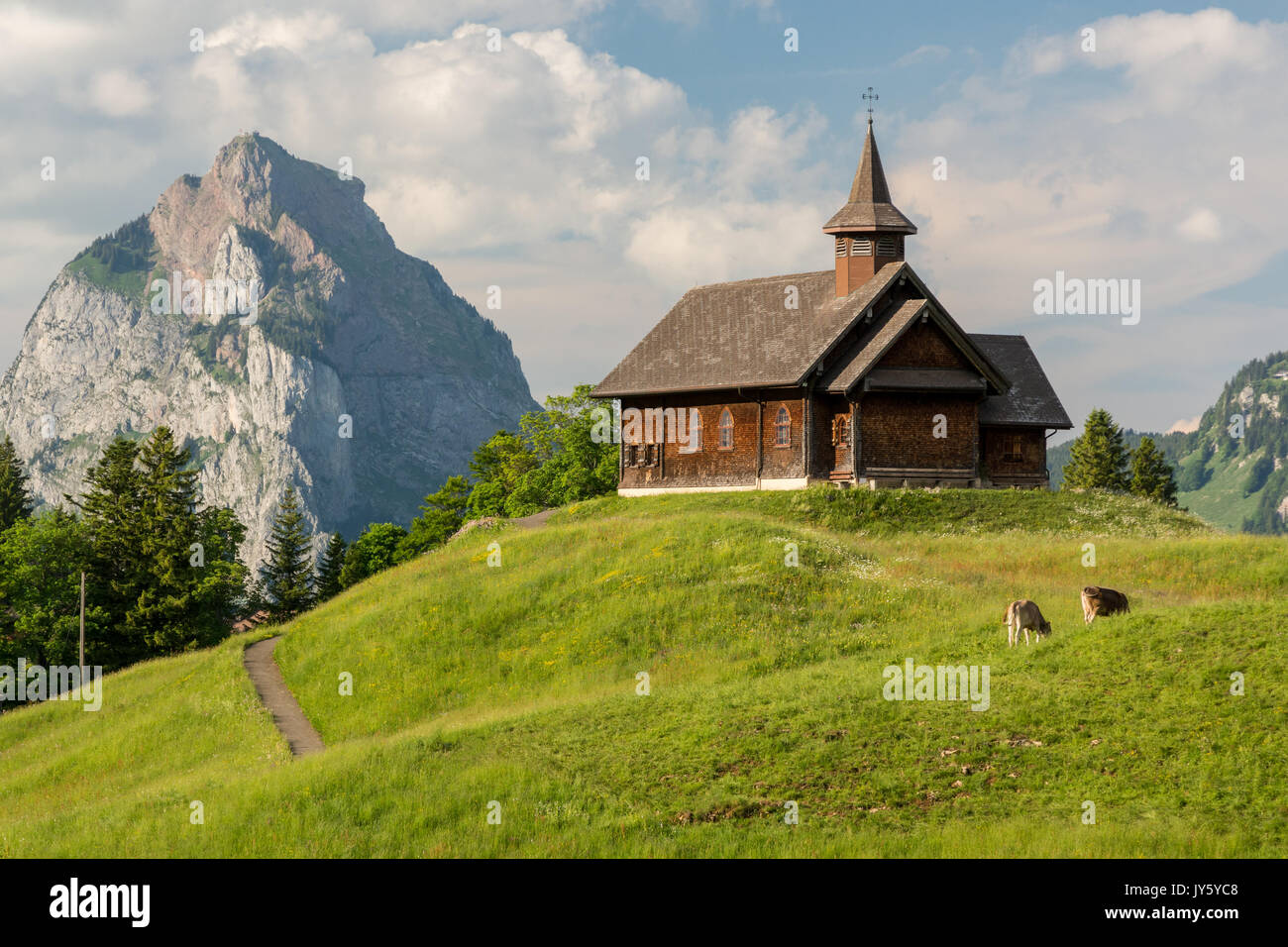 Typical swiss landscape. View on Grosser Mythen from Stoos village Stock Photo