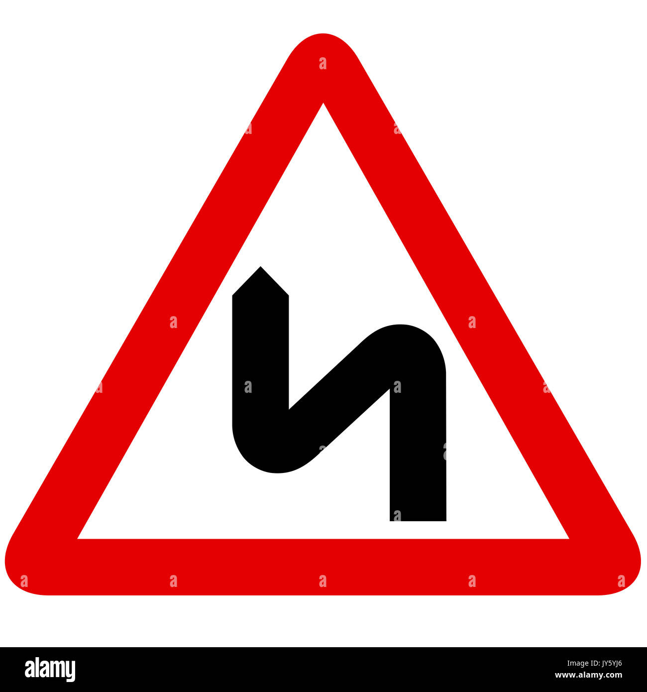 Double bend first to left road sign on white background Stock Photo