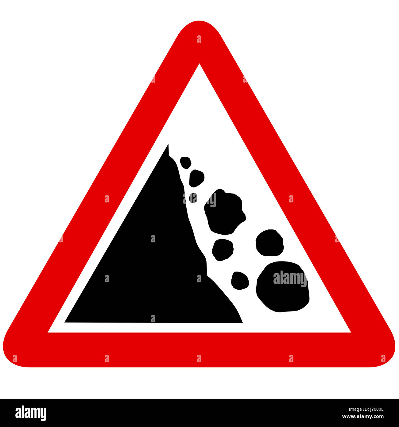 Falling or fallen rocks road sign on white background Stock Photo