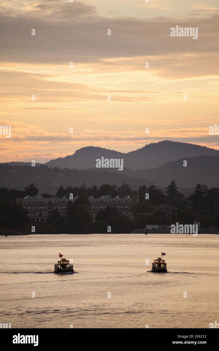 Water Taxi Taxi's in Victoria BC Harbour at sunset, Vancouver Island Stock Photo