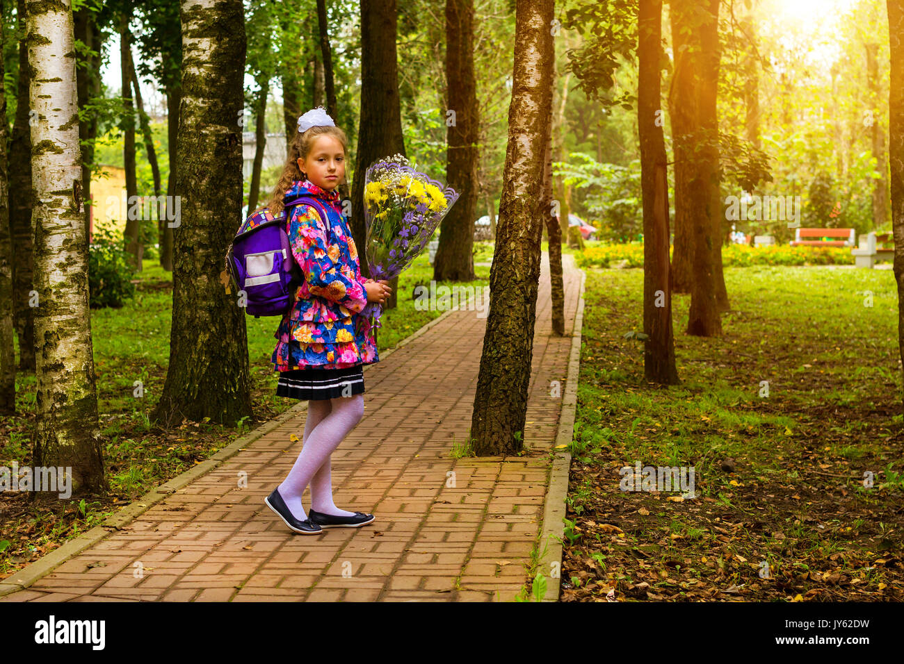 Little first-grader, girl-student goes to school on knowledge day - September First. Student of elementary school in uniform with bow posing in autumn Stock Photo