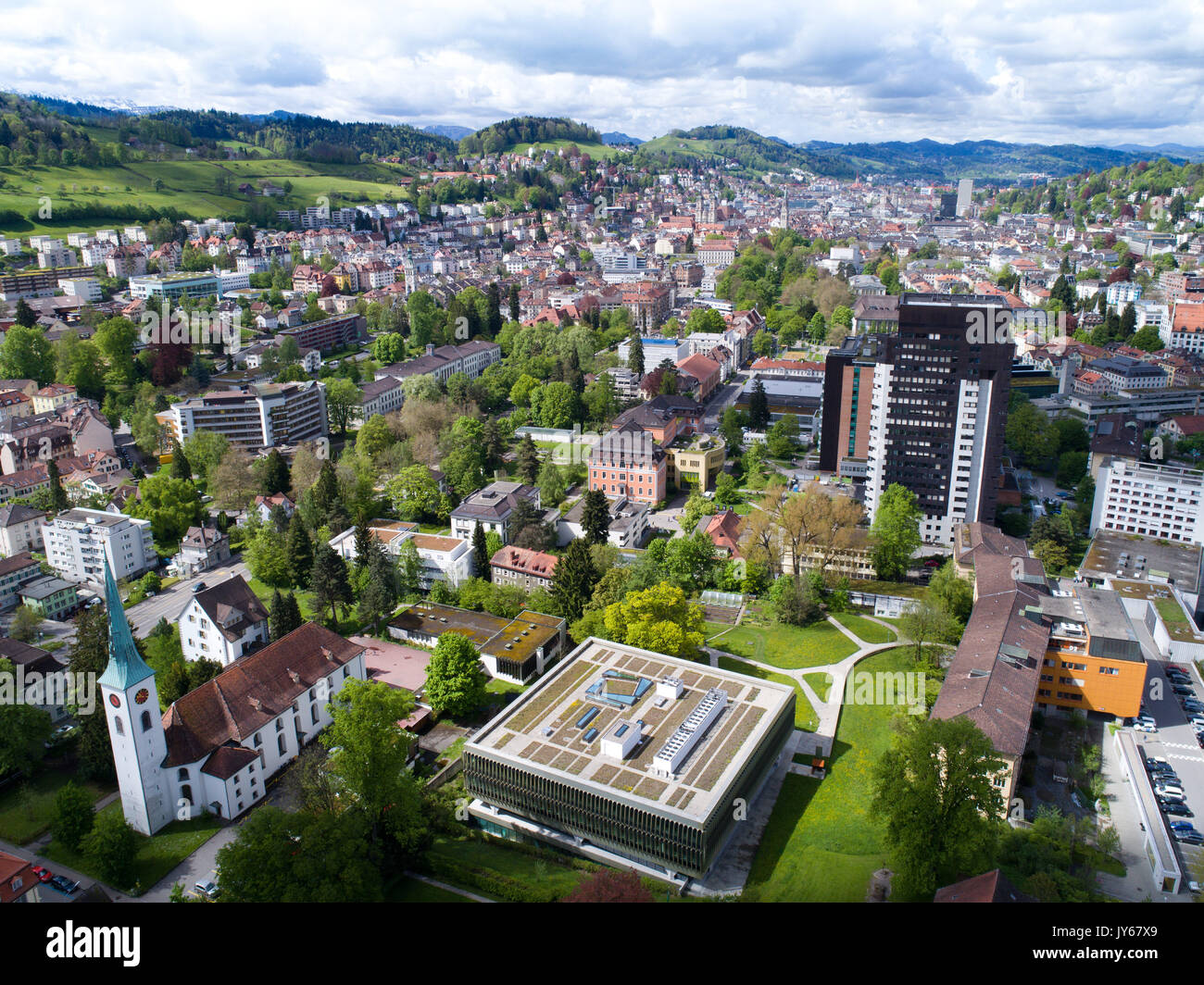 Luftaufnahme der Stadt St. Gallen mit dem Kantonsspital *** Local Caption *** Saint Gall, City, Downtown, Sankt Gallen, Hospital, Switzerland, Aerial  Stock Photo