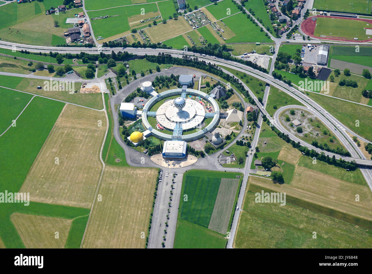 Jungfraupark in Interlaken *** Local Caption *** Interlaken, Jura, Berne, Parc, Switzerland, Aerial View, aerial photography, from above, aerial persp Stock Photo