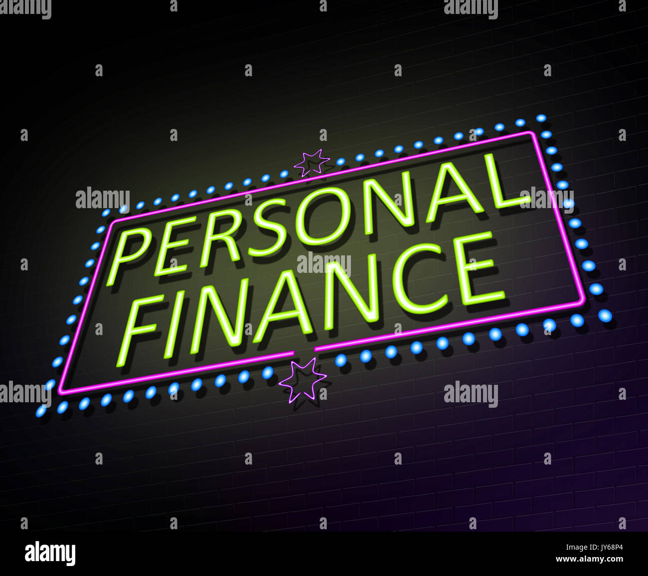 3d Illustration depicting an illuminated neon sign with a personal finance concept. Stock Photo