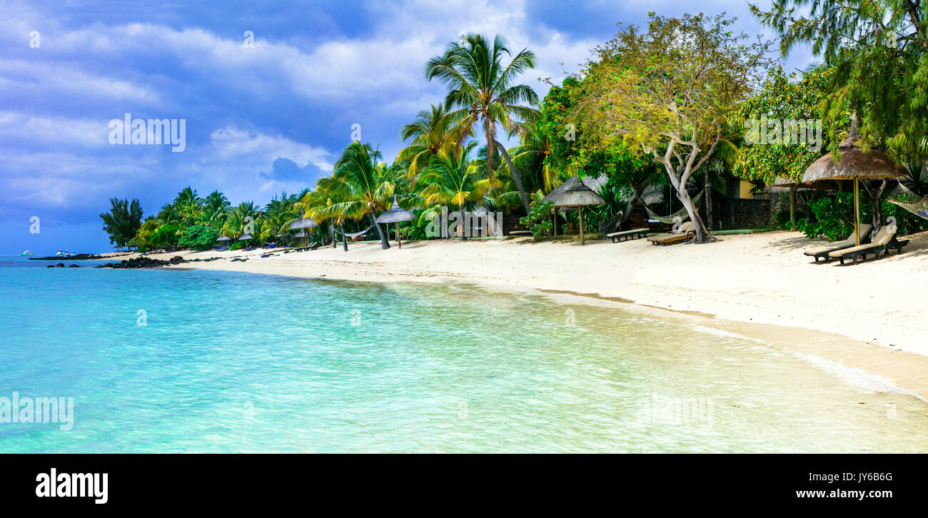 Tropical luxury vacation. Gorgeous white sandy beaches of beautiful Mauritius island Stock Photo