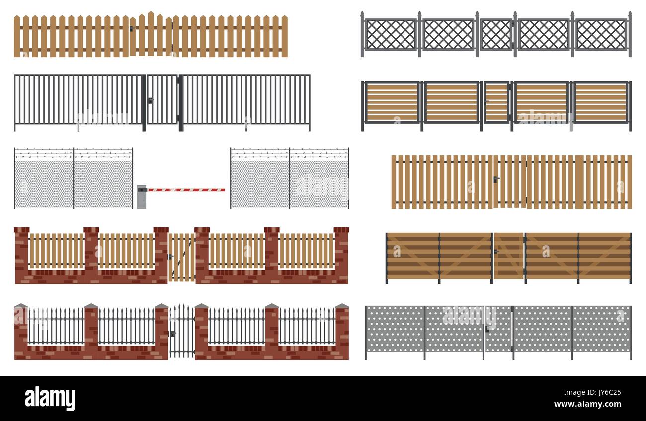 Metal and wooden fences and gates. Stock Vector