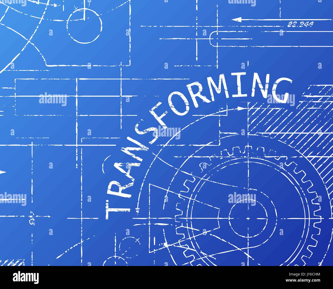 Transforming word on machine blueprint background illustration Stock Vector