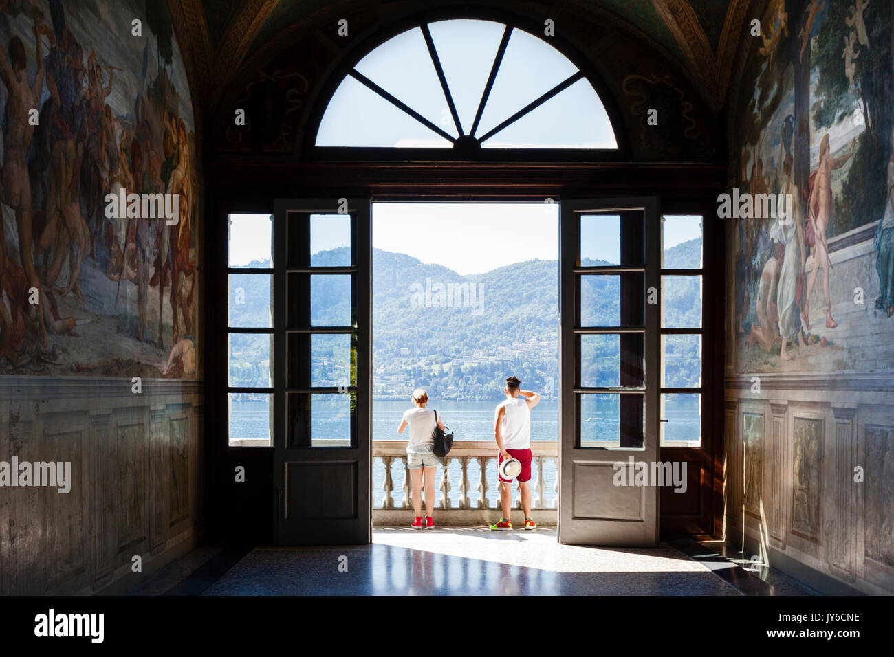 View from the upstairs balcony of Villa Carlotta of Lake Como, Lombardy, Italy. Stock Photo
