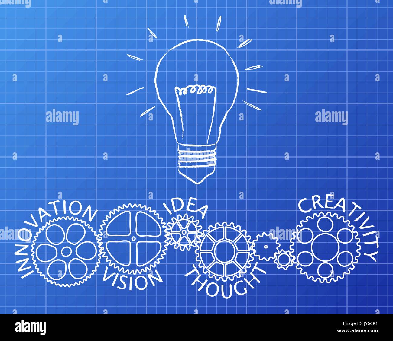 Light bulb and gear wheels with innovative words drawing on blueprint background Stock Vector