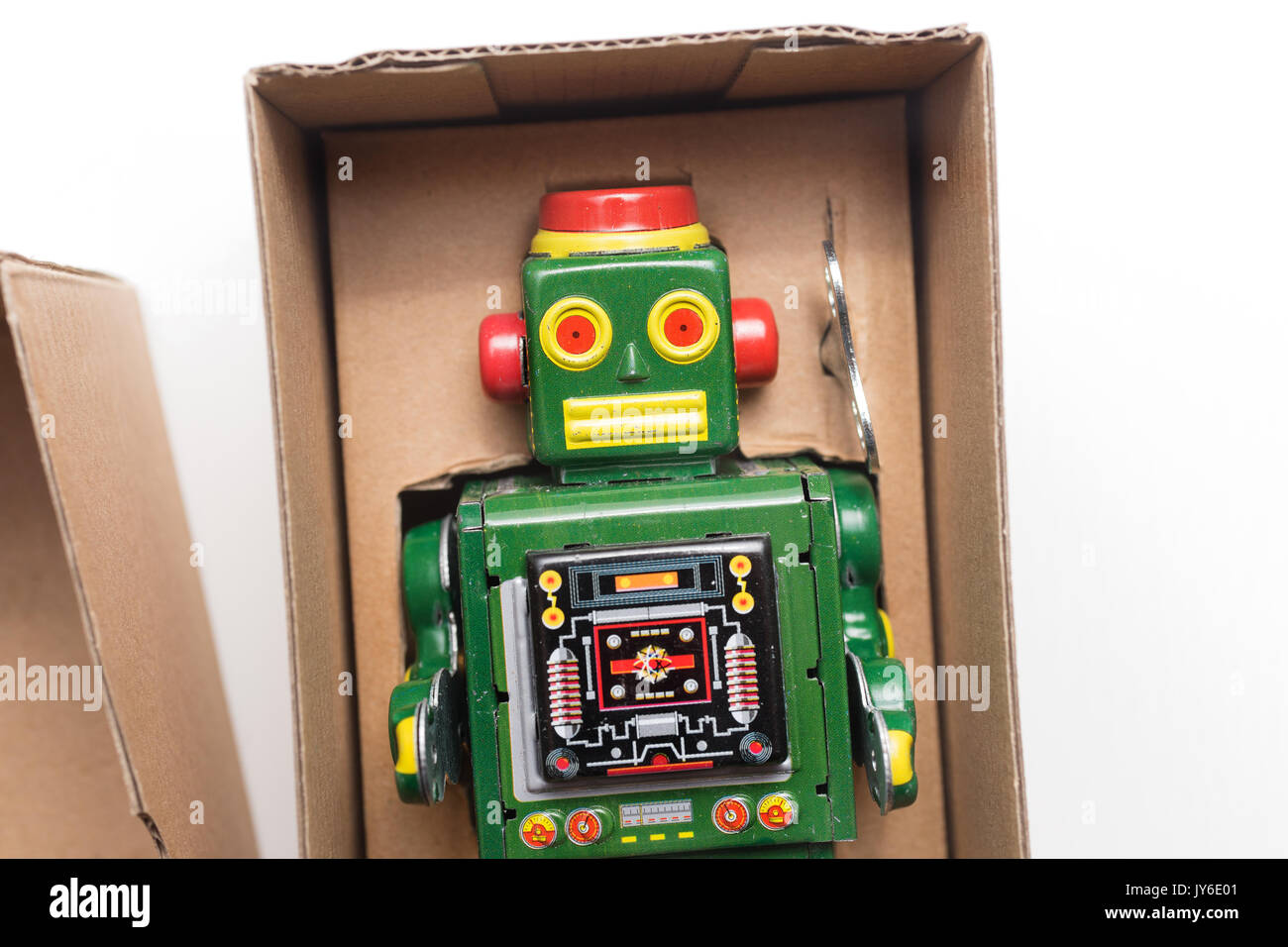 MS519 Green Mechanical Walking Robot Retro Clockwork Wind Up Tin Toy w/Box 