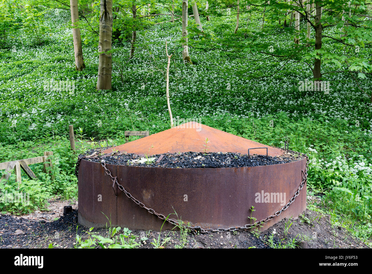 Charcoal burner and wild garlic in Millington woods Stock Photo