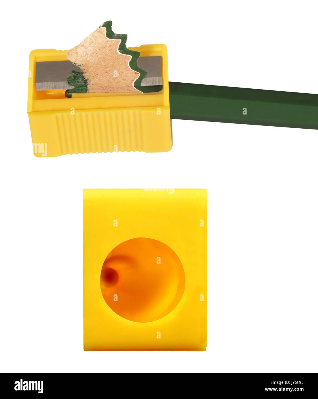 A 'guess what it is' close up image of a pencil sharpener with an 'explanation, photo of the sharpener and pencil Stock Photo