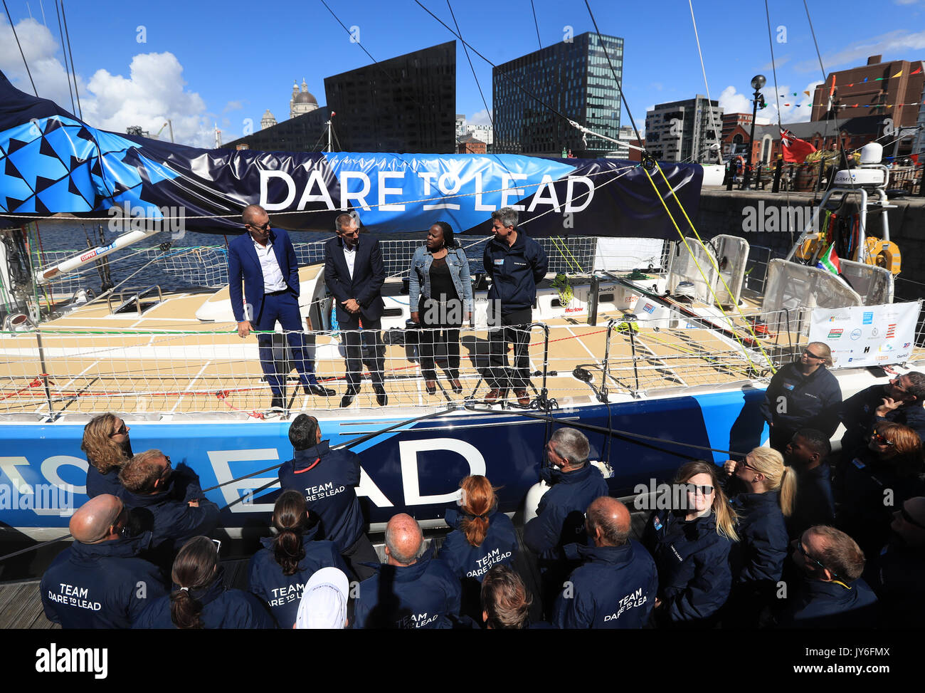 Dirk van Daele, founder of Dare to Lead, names the Dare to Lead boat during the naming ceremony at Albert Docks, Liverpool ahead of this Sunday's start of the Clipper Round the World yacht race. PRESS ASSOCIATION Photo. Picture date: Friday August 18, 2017. Photo credit should read: Tim Goode/PA Wire Stock Photo