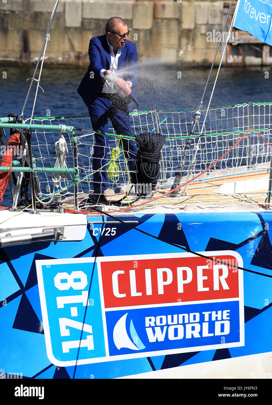 Dirk van Daele, founder of Dare to Lead, names the Dare to Lead boat during the naming ceremony at Albert Docks, Liverpool ahead of this Sunday's start of the Clipper Round the World yacht race. PRESS ASSOCIATION Photo. Picture date: Friday August 18, 2017. Photo credit should read: Tim Goode/PA Wire Stock Photo