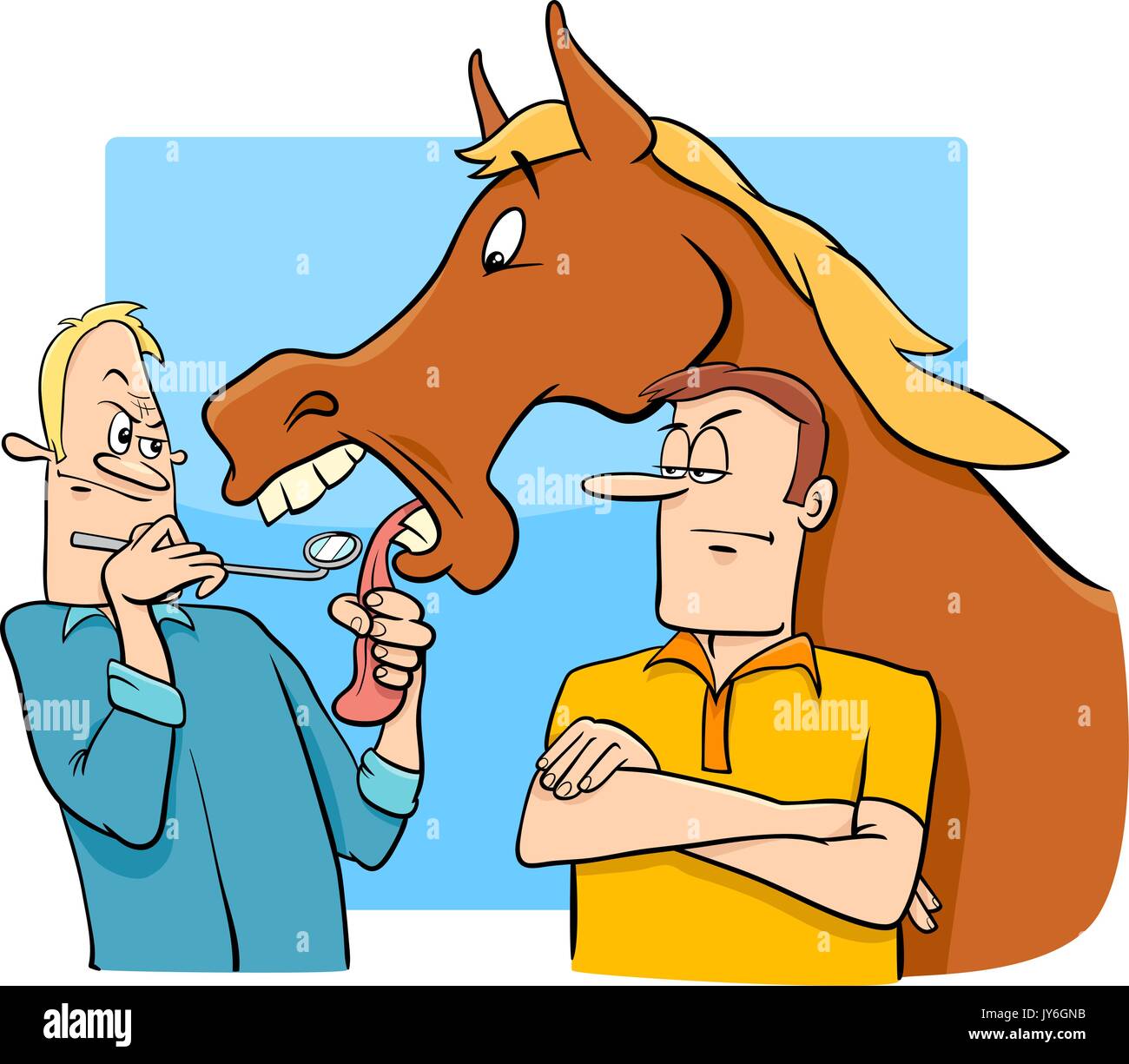 Cartoon Humorous Concept Illustration of Looking a Gift Horse in the Mouth Saying or Proverb Stock Vector