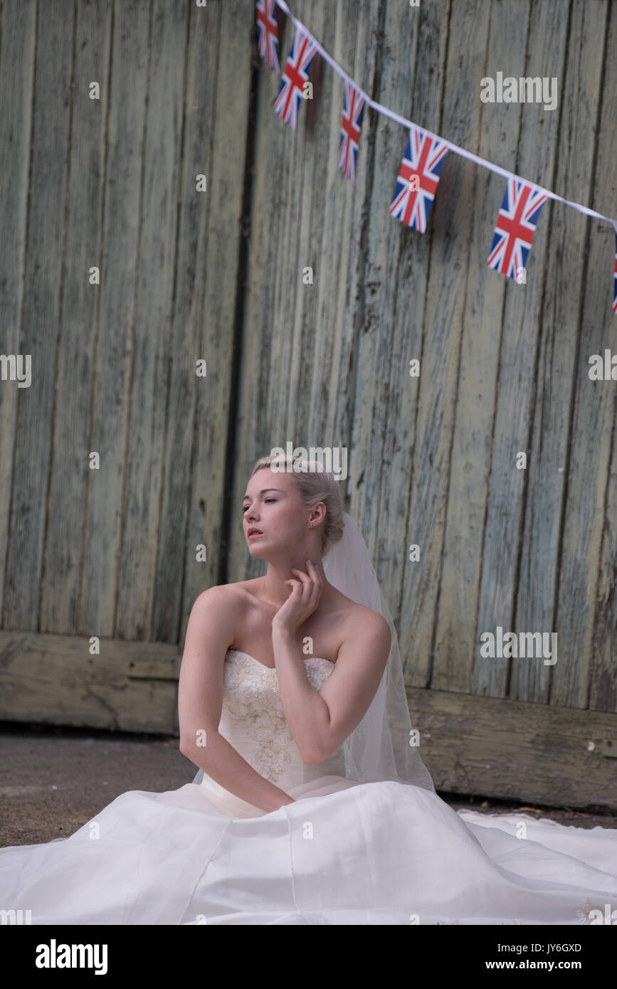 Bride and Brexit EU marriage and divorce at Platt's Eyot Island Hampshire Stock Photo