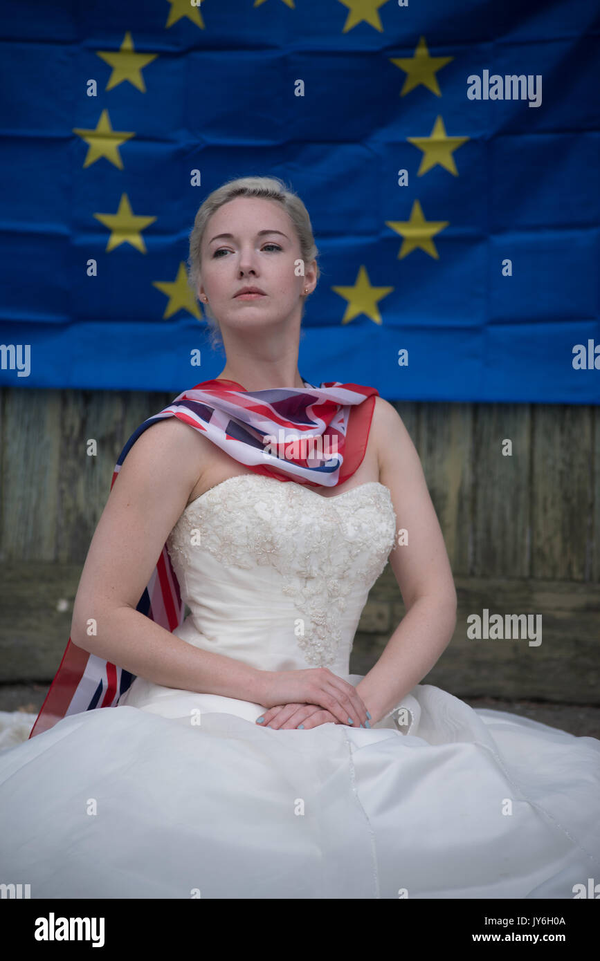 Bride and Brexit EU marriage and divorce at Platt's Eyot Island Hampshire Stock Photo